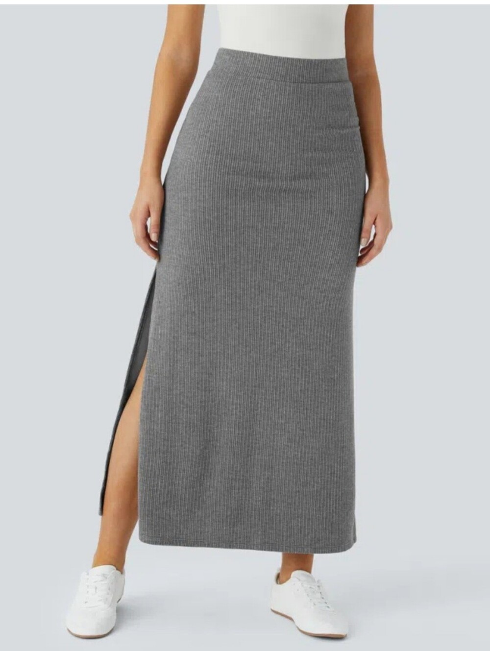 HALARA Gray Ribbed Maxi Skirt with Side Slit